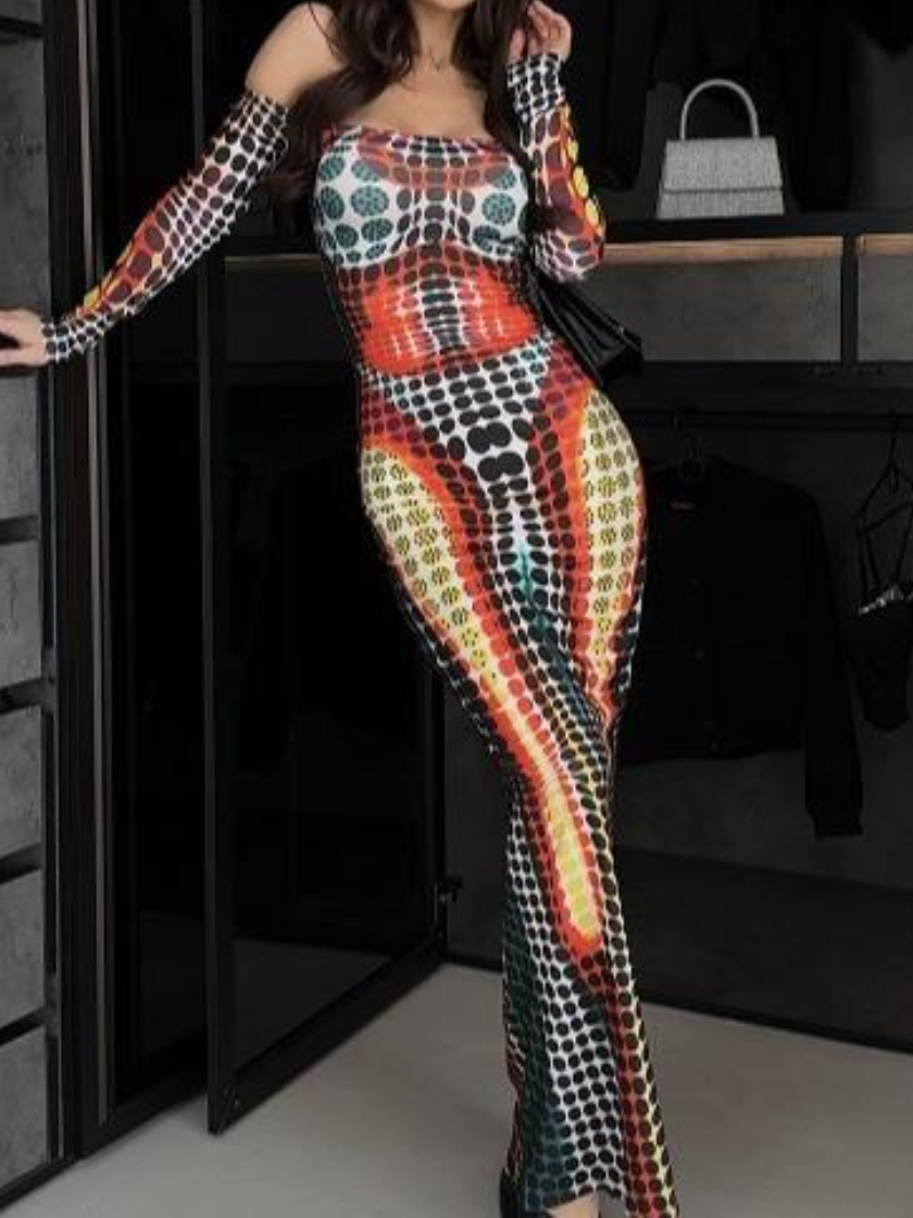 Off-Shoulder Printed Bodycon Maxi