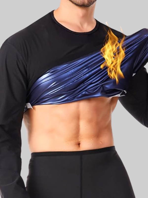 Man wearing black sauna long sleeve shirt with heat-trapping design, lifting shirt to reveal toned abs and sweat-enhancing effect illustration.