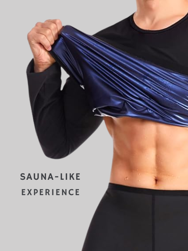 Man lifting sauna-effect compression shirt to reveal torso, showcasing heat-trapping fitness wear for weight loss and sweat enhancement.