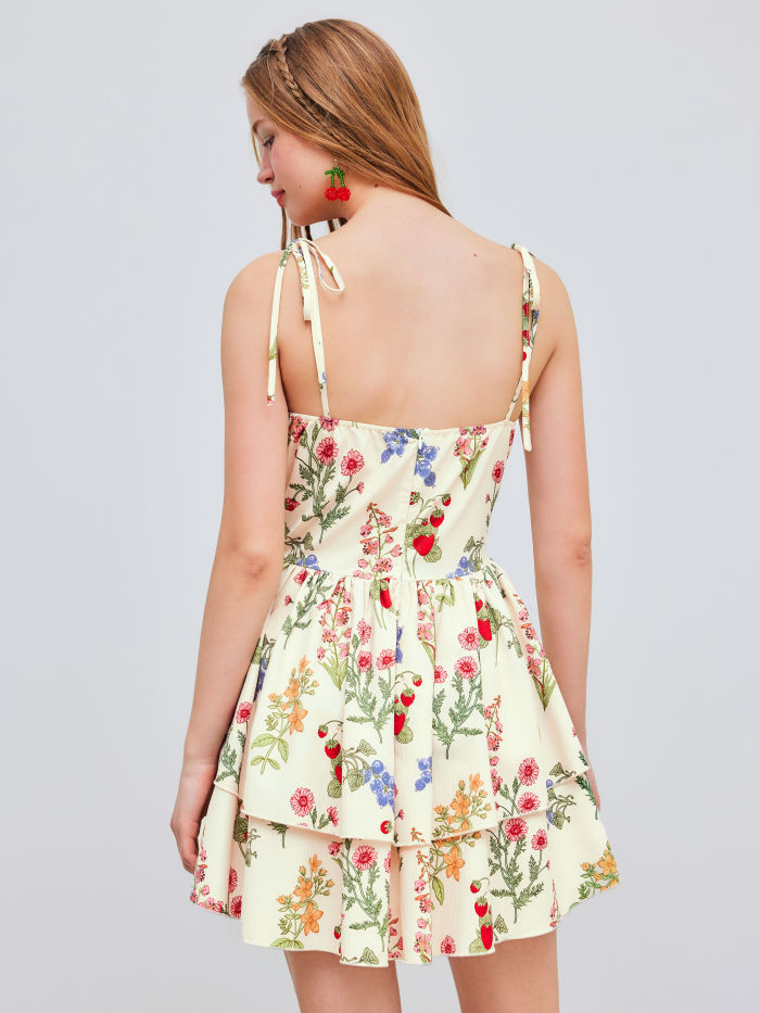 Floral & Fruit Ruffle Hem Knotted Layered Mini Dress