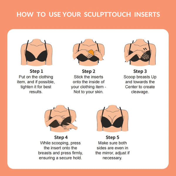 Step-by-step guide showing how to use SculptTouch sticky bra inserts for breast lift and cleavage enhancement inside clothing.
