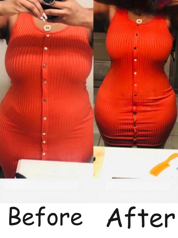 Before and after comparison showing waist slimming results from wearing the latex waist trainer.