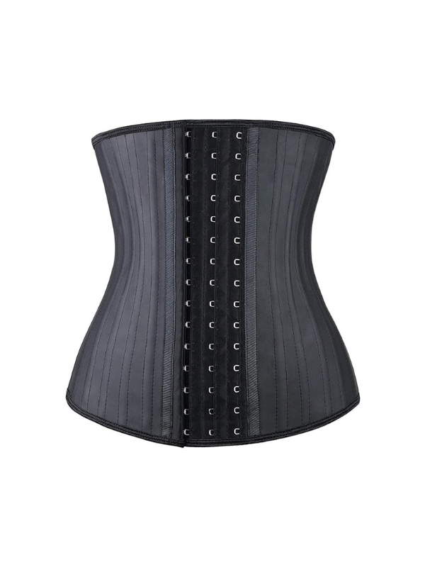Front view of black latex waist trainer shapewear highlighting smooth fabric and multiple hook closures.