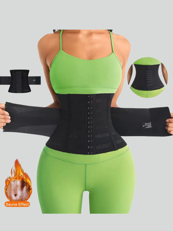 Sauna effect black waist trainer with double belt and hook design worn by woman in green workout set