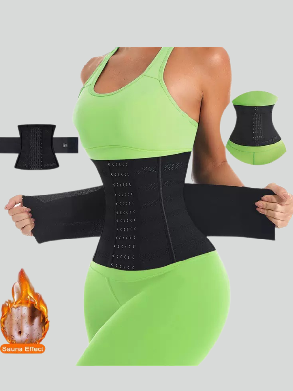 Front and side view of breathable mesh black waist trainer for women with compression and hook closure