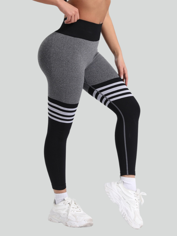 High-waisted seamless striped leggings for women in gray and black with tummy control and squat-proof support.