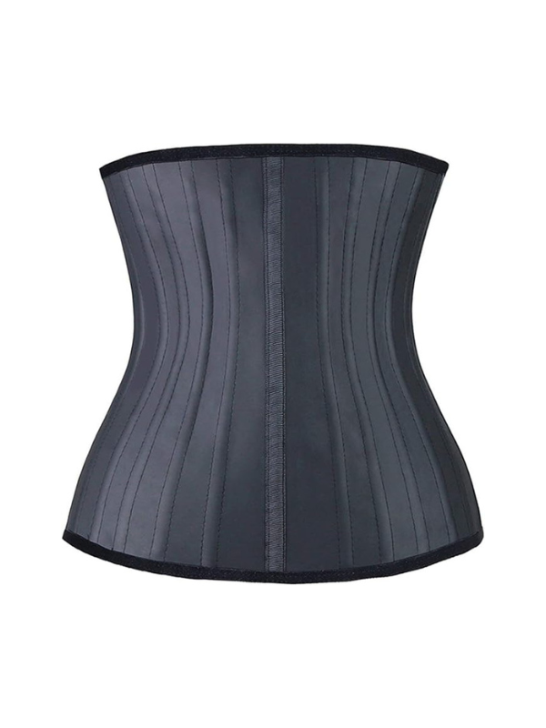 Back view of latex waist trainer showing reinforced spiral steel boning and breathable fabric panel.