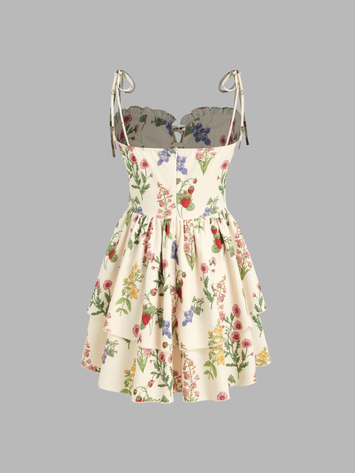 Floral & Fruit Ruffle Hem Knotted Layered Mini Dress