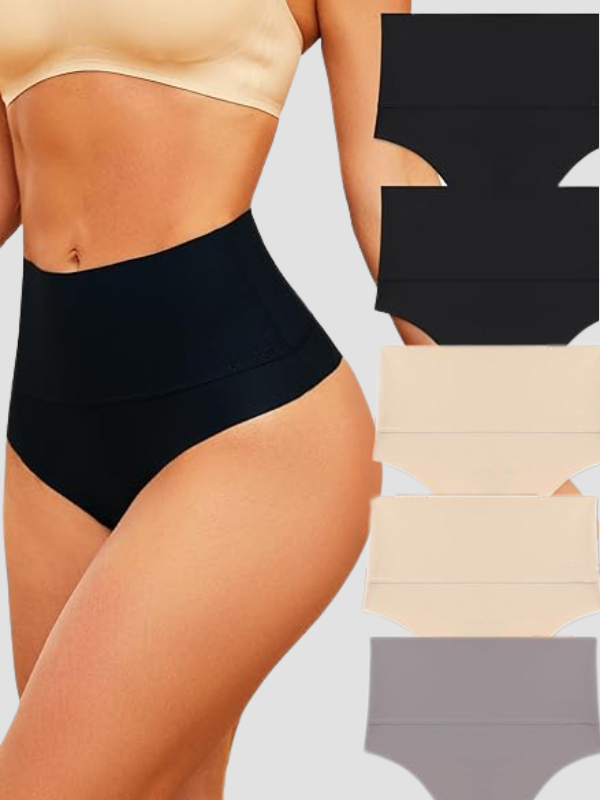 Model wearing high-waisted black sculpting thong underwear with a 5-pack color set in the background.