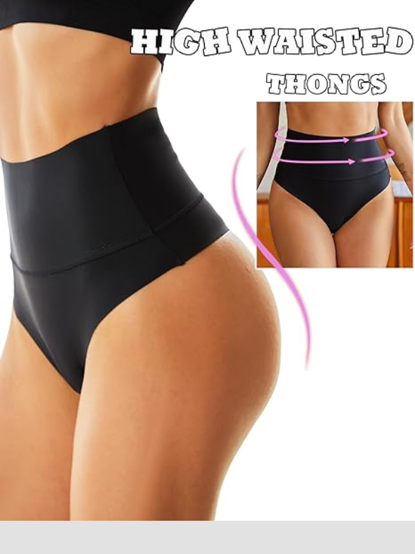 Ultra high-waist no-show thongs in assorted colors, displayed with model showcasing tummy coverage.