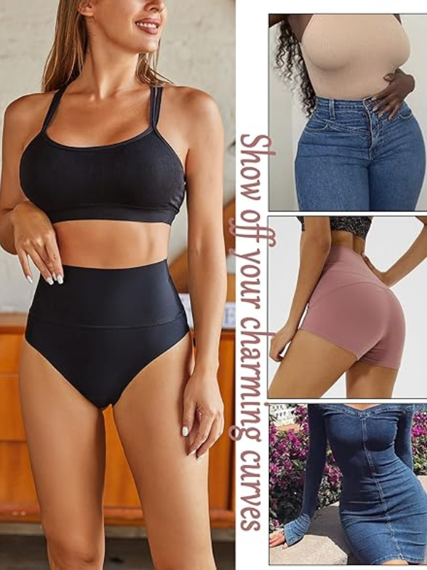 Tummy control high-rise thong underwear for women with double-layer crotch and snug elastic fit.