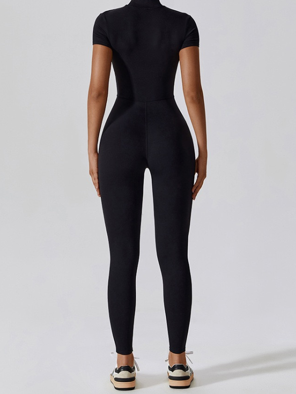 Women Zipper Short Sleeve Nude Yoga Jumpsuit