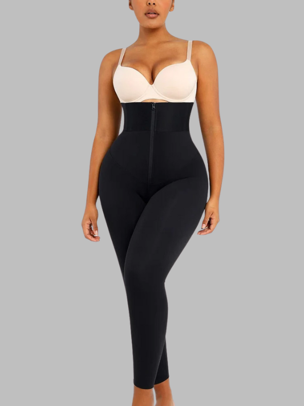 Front view of high-rise waistband shaping leggings with hook and zipper closure, showing tummy control fit.