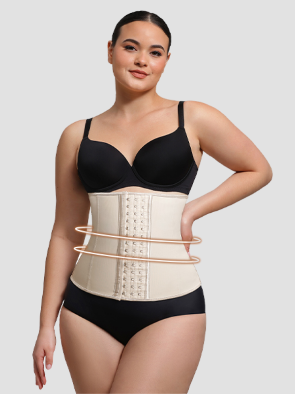 Smiling woman wearing beige waist trainer corset with hook-eye closure, surrounded by contour lines highlighting waist slimming and hourglass shaping effect.