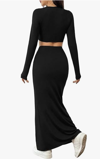 Curve-Hugging Flounce Sleeve Crop Tee & Skirt Set for Spring/Fall