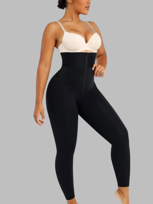 Side view of shaping leggings highlighting booty-lifting design and high-rise waistband fit.