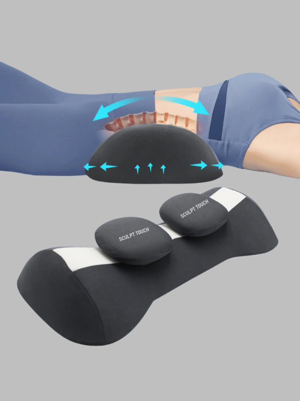 Contoured memory foam CurveCare BBL lumbar pillow with breathable fabric cover for post-surgery back support.