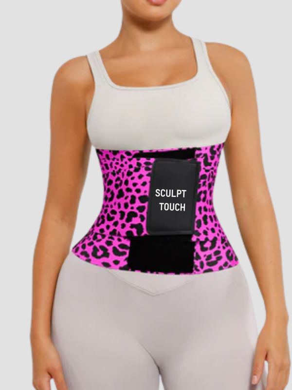 Front view of woman wearing SCULPT TOUCH pink leopard print waist trainer belt for tummy control and body shaping