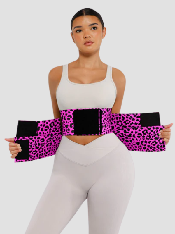 Model demonstrating adjustable triple-strap pink leopard print SCULPT TOUCH waist trainer for enhanced tummy control and waist shaping.