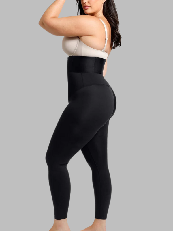 Side angle of leggings showing flat-locked seams and firm compression for comfortable wear.