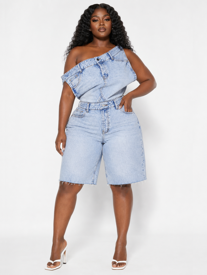 One Shoulder Denim Romper