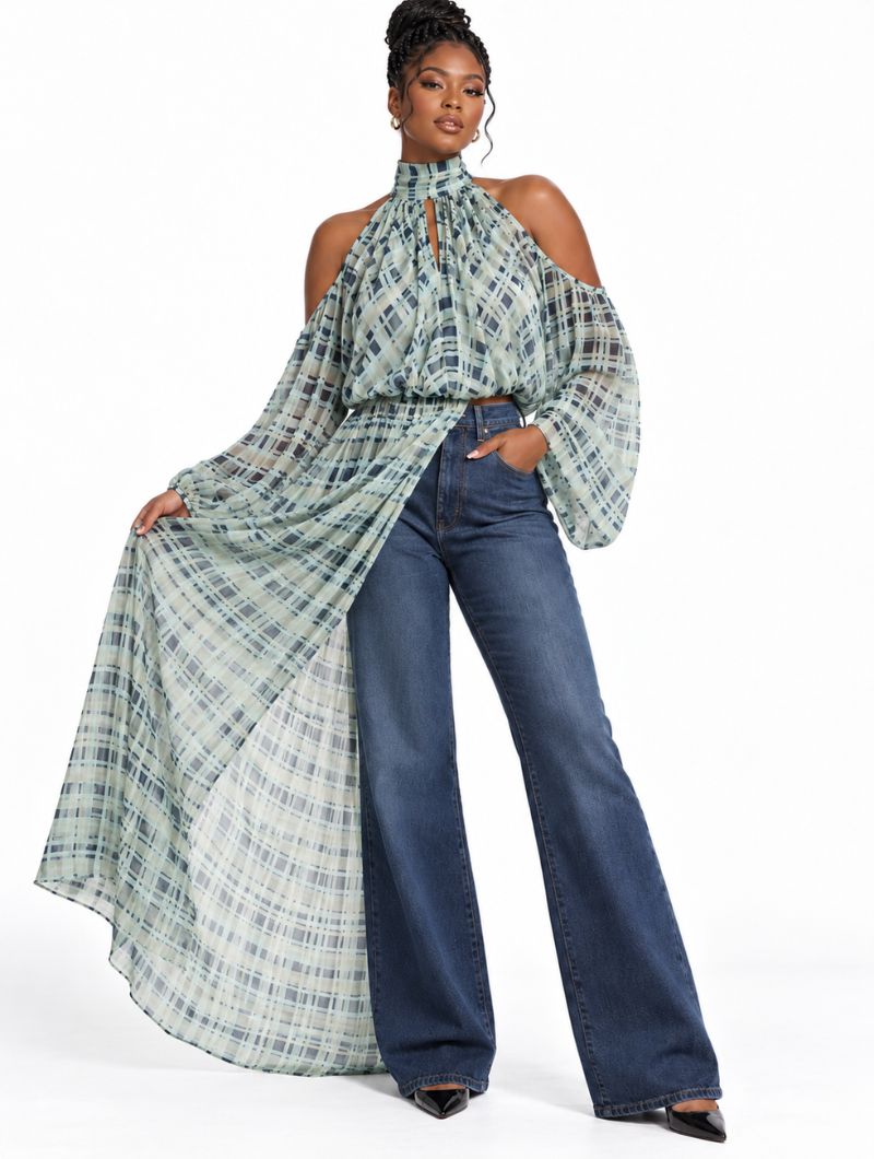 Sheer Plaid Cape Top