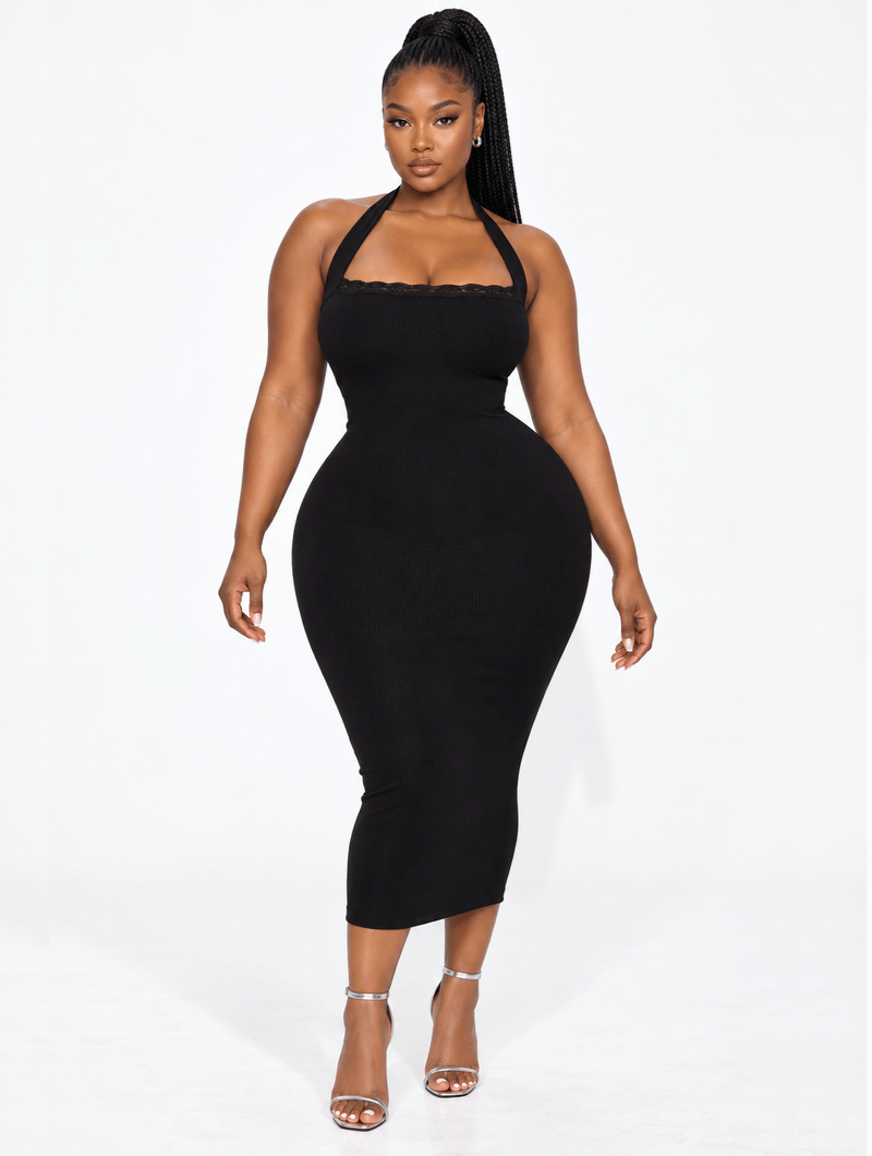 Ribbed Lace Halter Dress