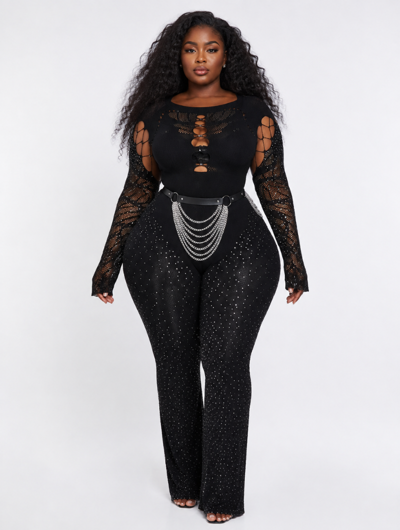 Rhinestone Cutout Flare Jumpsuit