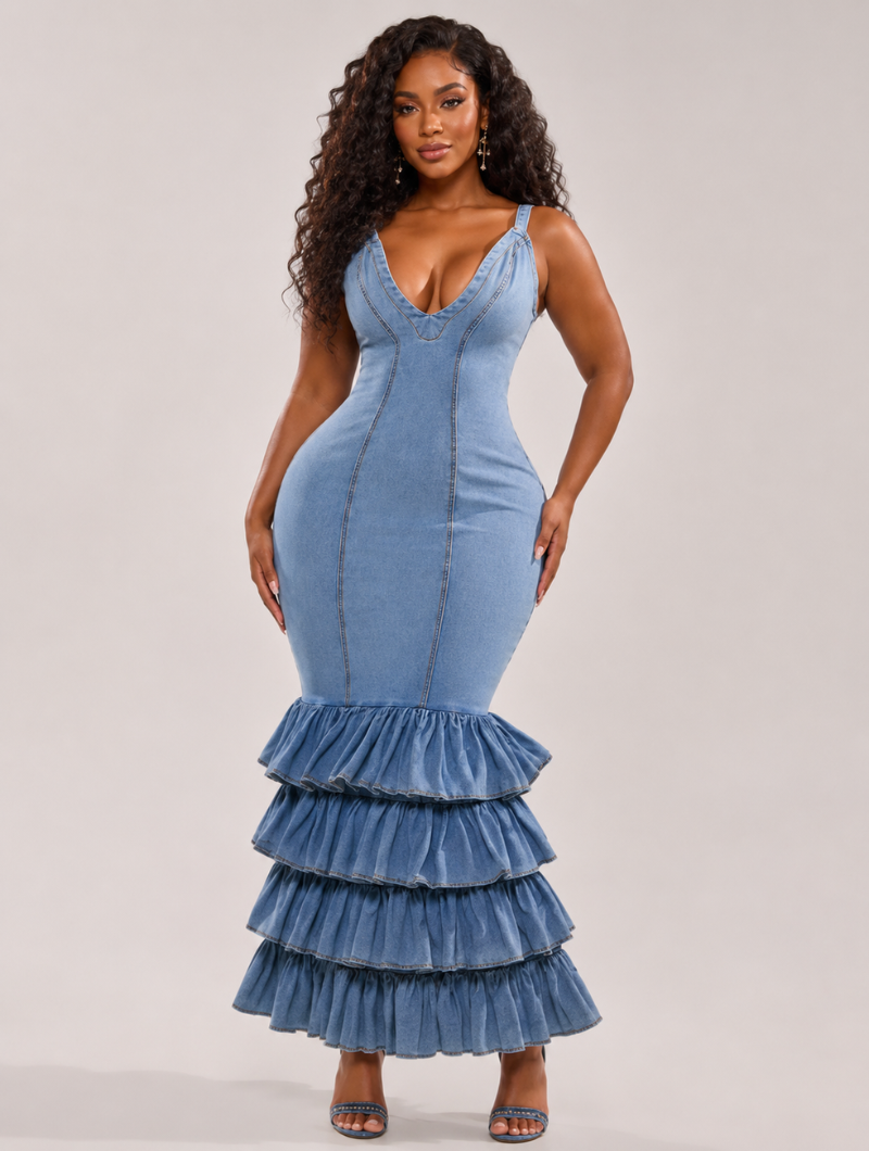Tiered Mermaid Denim Dress