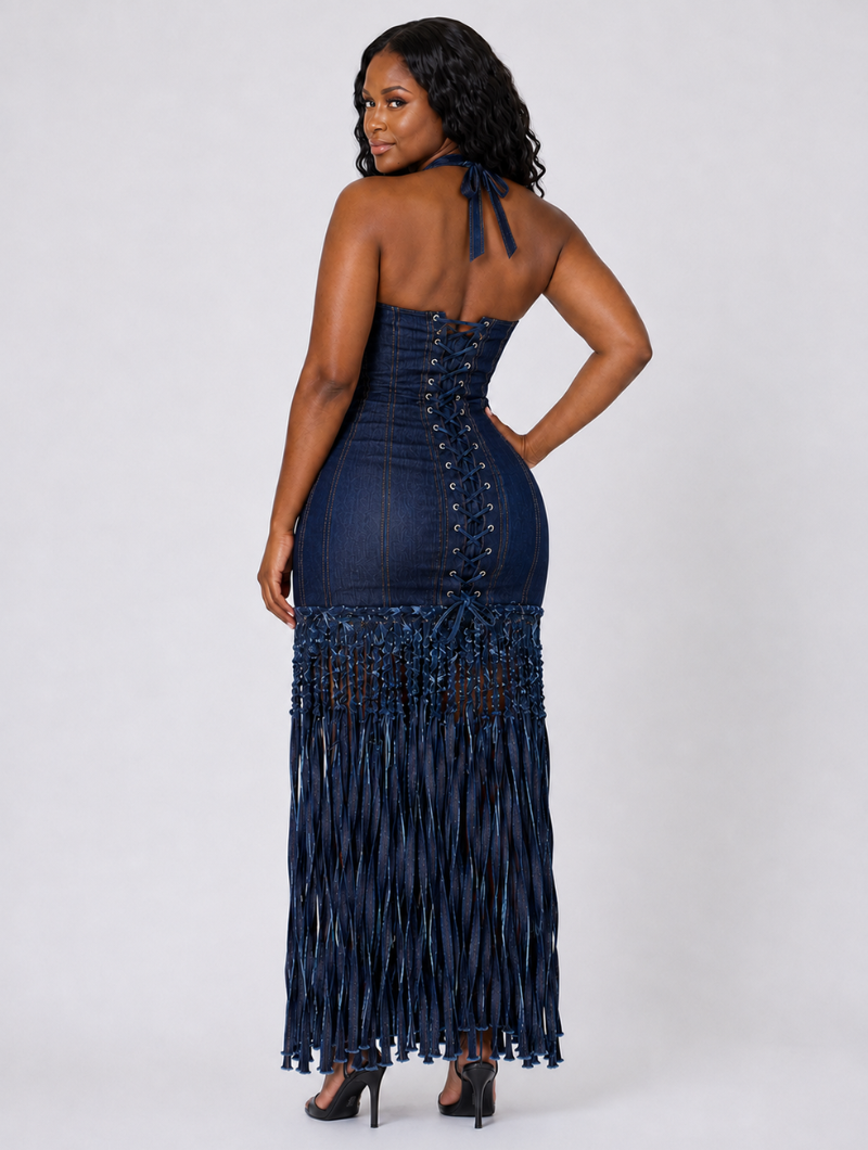 Denim Fringe Maxi Dress