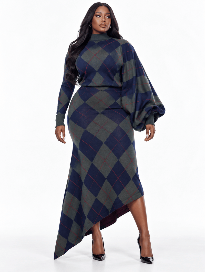 Asymmetric Argyle Knit Dress