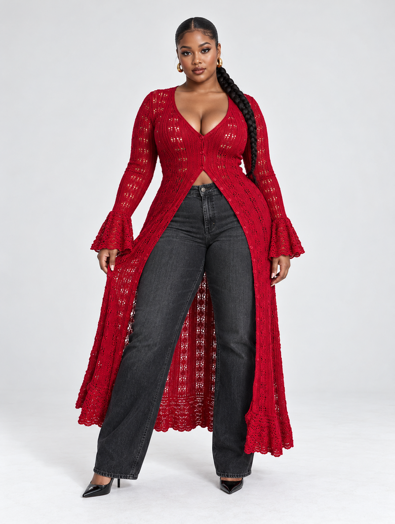 Crimson Bell Sleeve Duster
