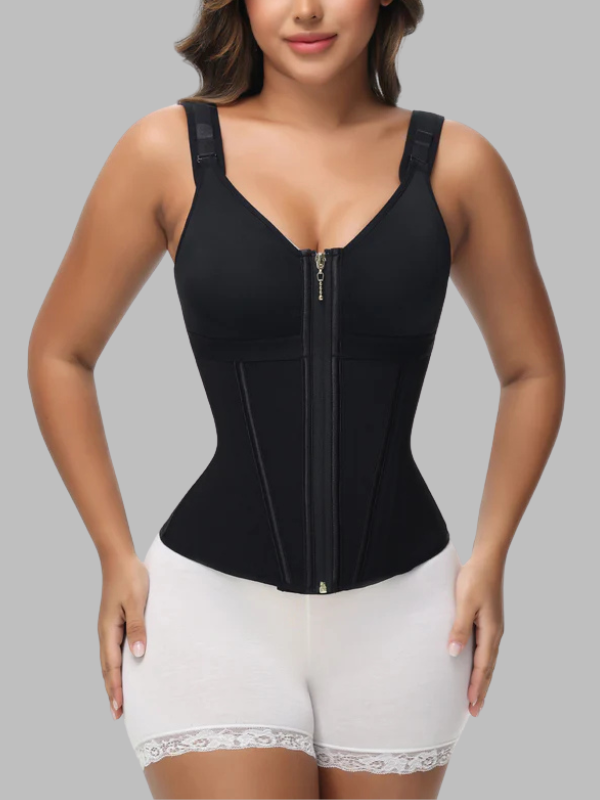 Front view of black latex tight belly belt shapewear with boned structure and zipper closure on model.