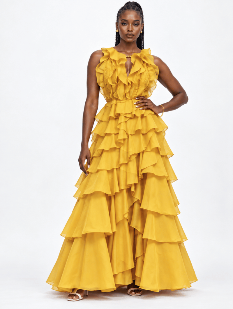 Beaded Plunge Ruffle Gown
