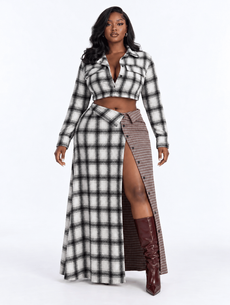 Patchwork Plaid Skirt Set