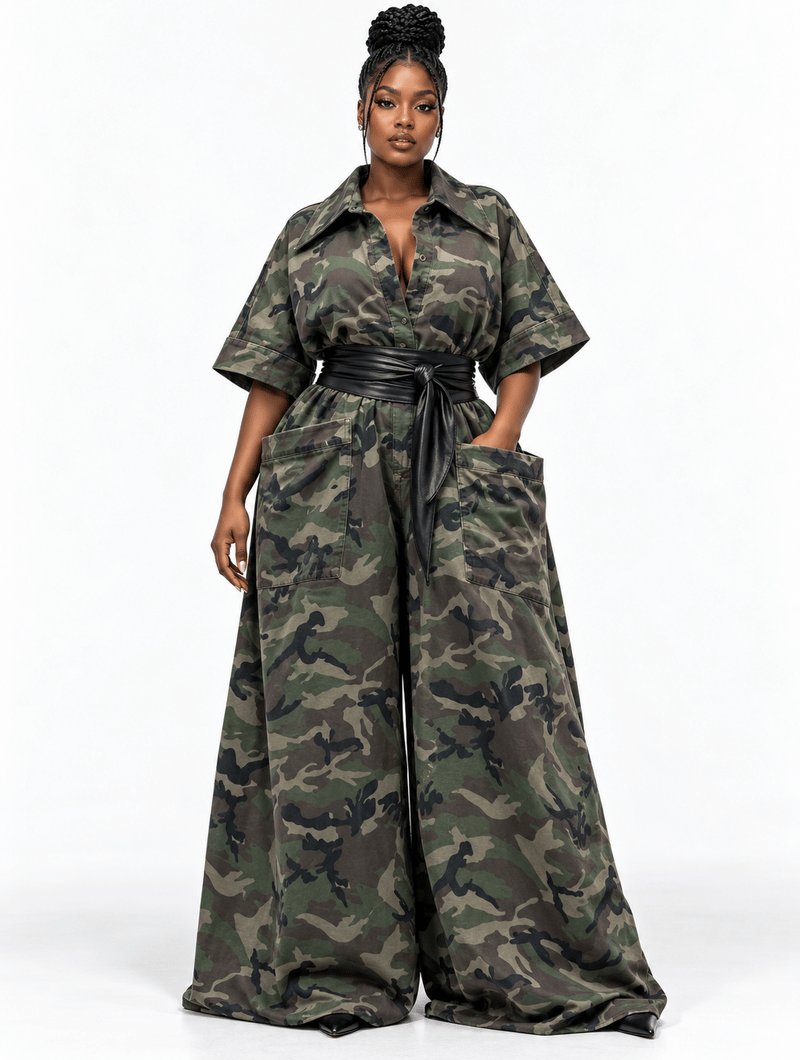 Belted Camo Wide Jumpsuit