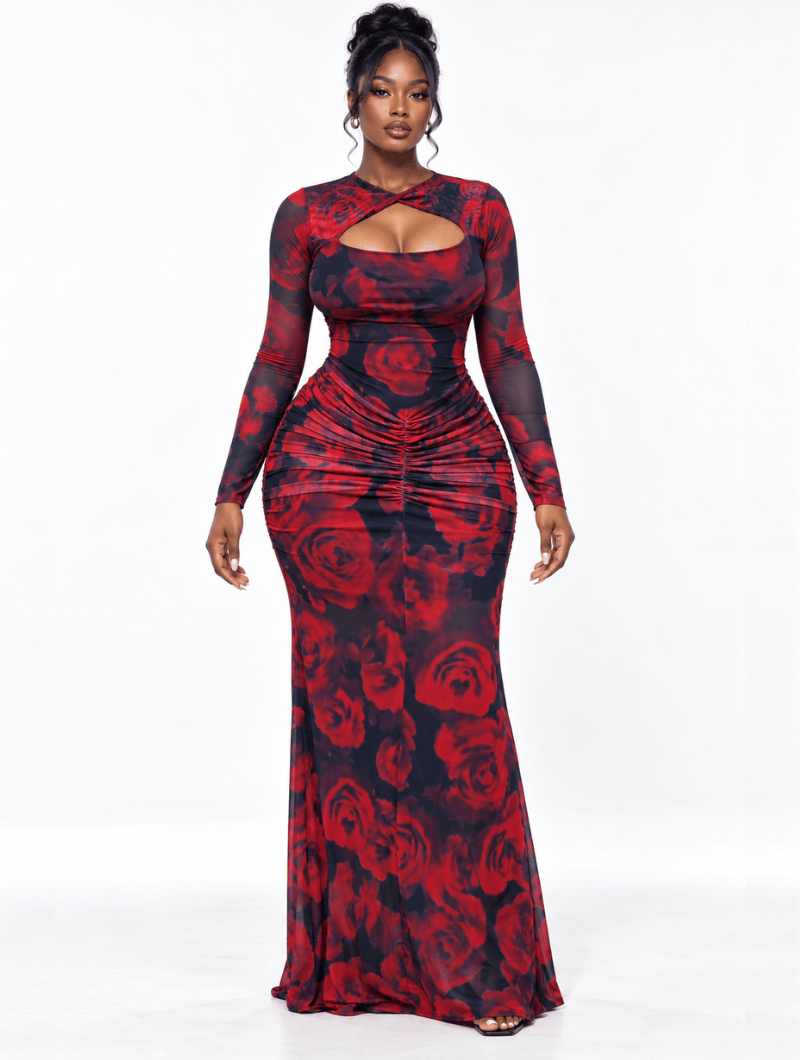 Ruched Rose Cutout Gown