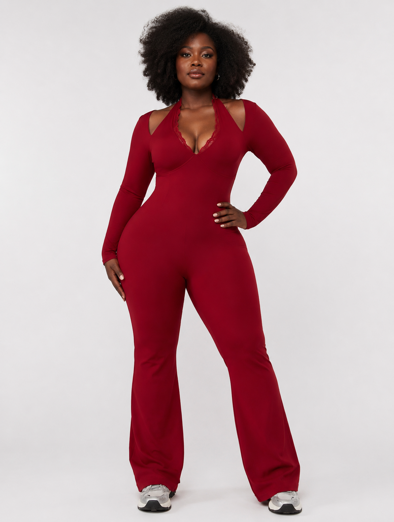 Wine Red Flare Jumpsuit