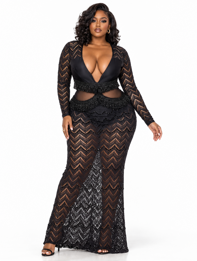 Noir Fringe Maxi Gown