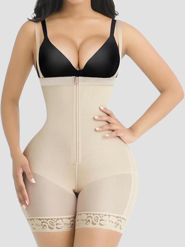 Beige full-body shapewear for women with adjustable straps and lace trim, designed for tummy control, waist shaping, and postpartum recovery.