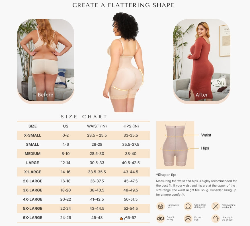 Shapewear before and after transformation with detailed size chart including waist and hip measurements from XS to 6XL, plus care instructions and visual fit tips.