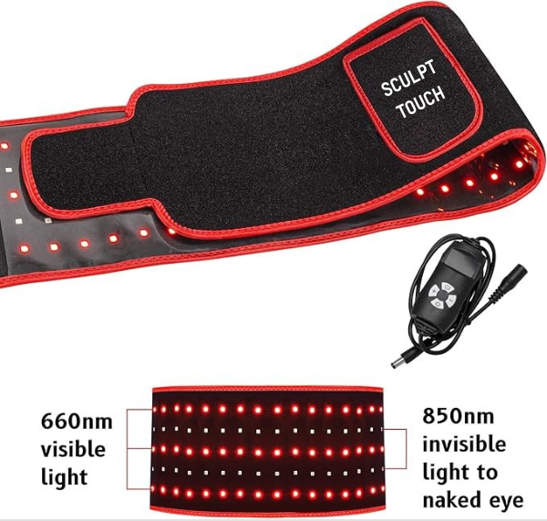 SCULPT TOUCH red light therapy belt with 660nm visible and 850nm invisible light LEDs, shown with remote control and dual light display.