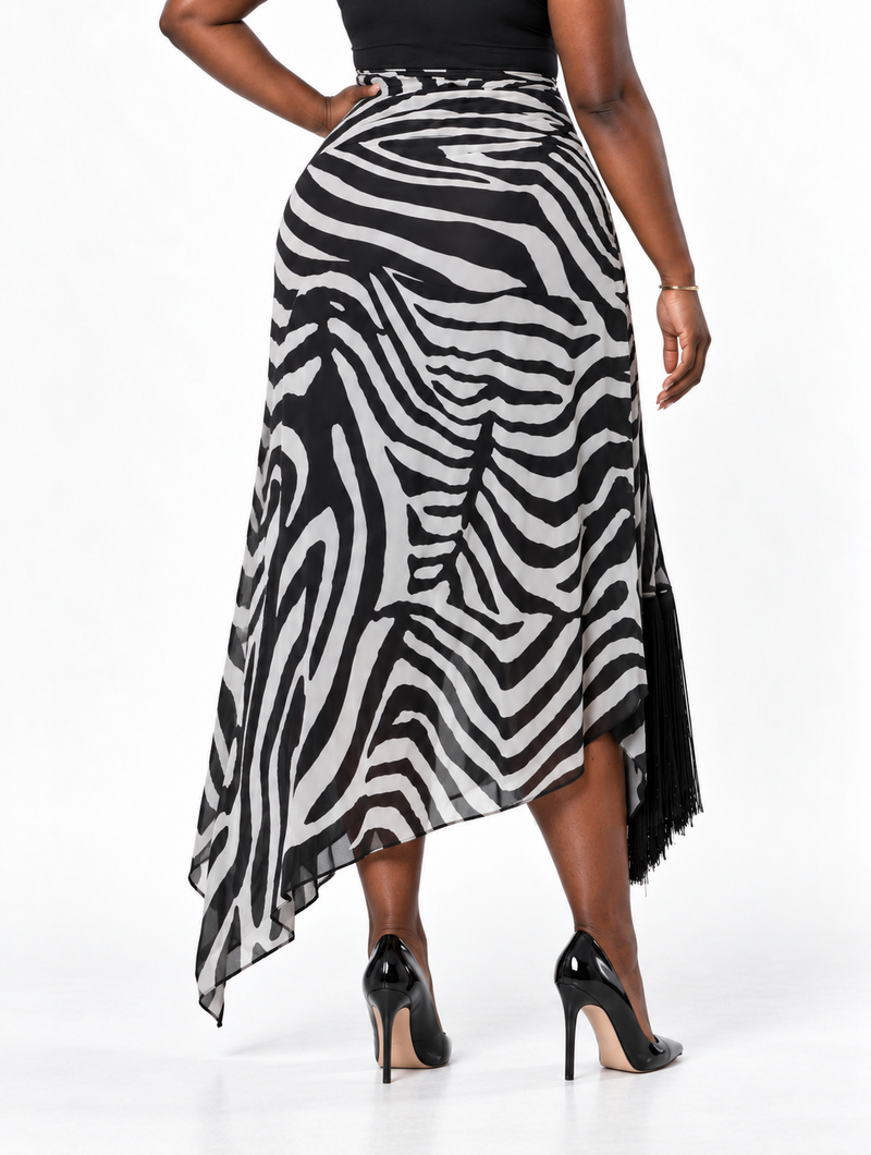 Zebra Fringe Midi Skirt