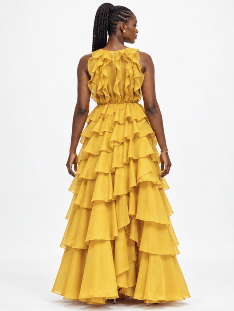 Beaded Plunge Ruffle Gown