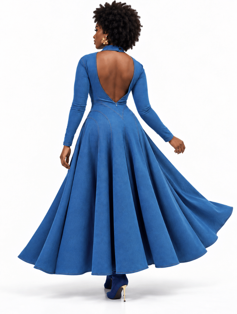 Backless Denim Flare Dress