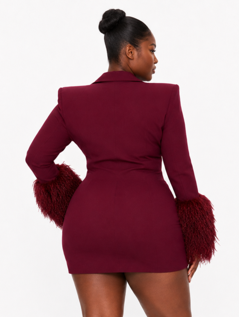 Burgundy Feather Blazer Dress