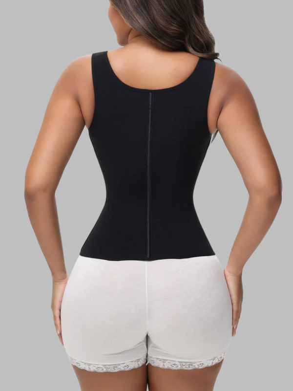 Back view of black latex belly belt shapewear highlighting smooth fit and flexible material.