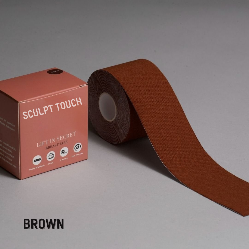 Brown Secret Breast Tape packaging with gentle removal oil bottle beside it.