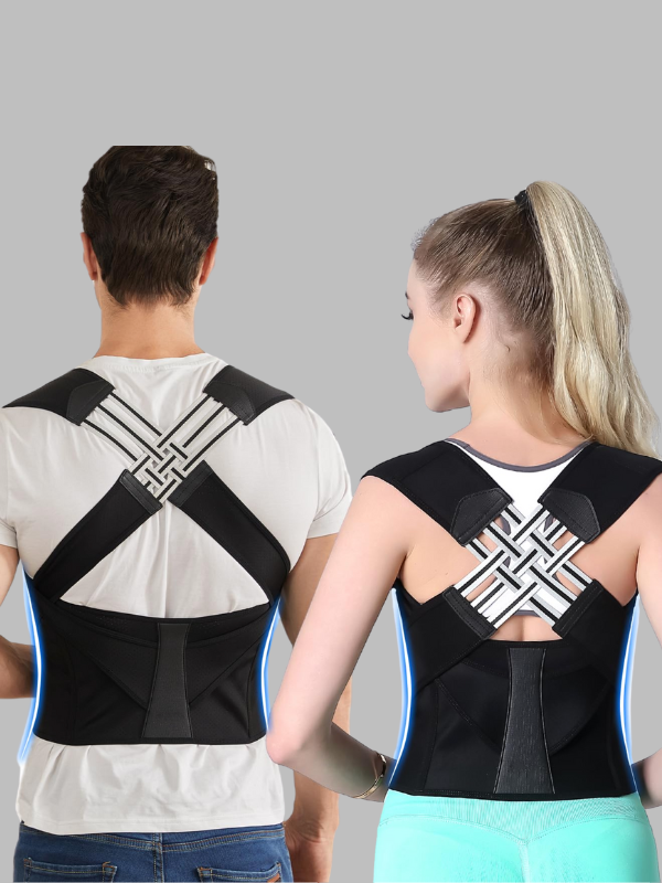Man and woman wearing adjustable posture correctors with cross-back support, shown from behind to display ergonomic design and fit.