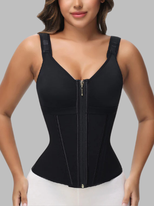 Close-up front view showing built-in bra and compression fit of black latex shapewear.